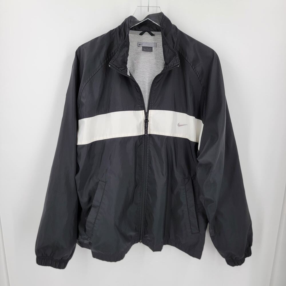 Nike Lined Windbreaker Mens Large Black White Gray Full Zip Pockets Vintage